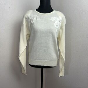 Vintage 80s Lindsey Blake Sweater Women's Medium Ivory Floral Beaded Grandacore